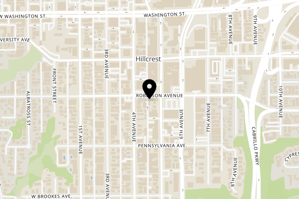 Map showing the location of Crest Cafe on 425 Robinson Ave in San Diego
